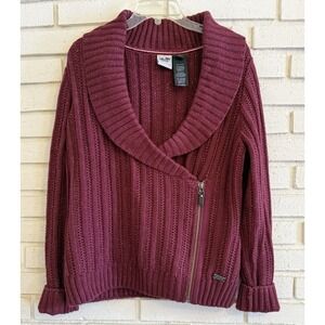 Harley Davidson Womens Burgundy Ribbed Metallic Zip Up Cardigan Sweater Size Lg